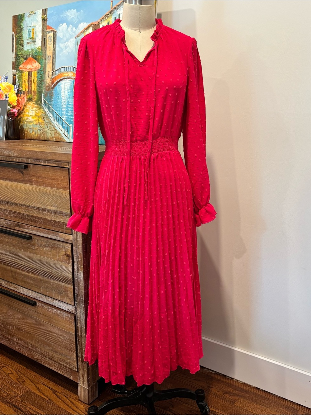 Elegant Long-Sleeve Raspberry Midi Dress with Smocked Waist
